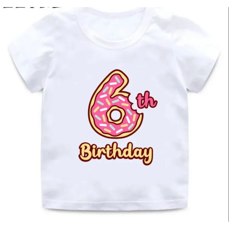 Cute Summer Donuts Print Girls Clothes 1 -9 Years Happy Birthday Number Bow Kids Short Sleeve T Shirt Tops