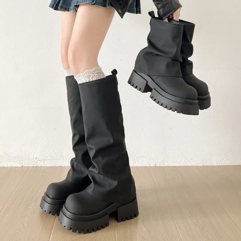 

Зимние плиссированные женские сапоги до колена в стиле панк, модные длинные ботильоны на платформе, увеличивающие рост, Zapatos De Mujer