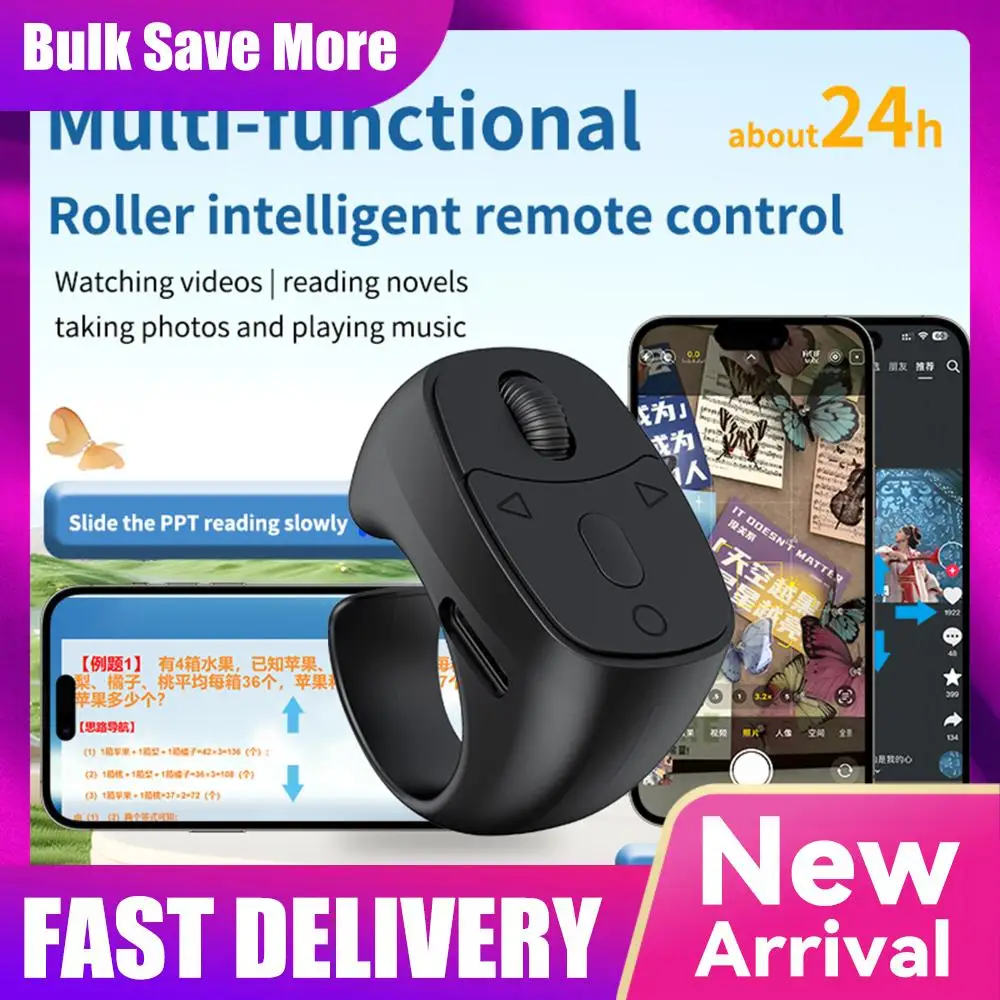 Cell Phone Scrolling Ring Wireless Finger Shutter Remote Control Page Turner Mobile Phone Controller Bluetooth For Travel