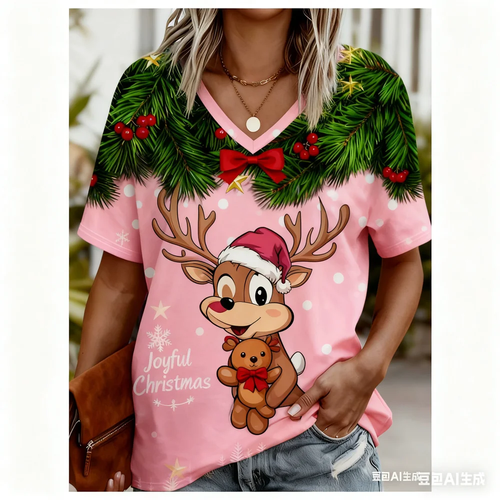

Рождественская женская футболка с принтом Санта-Клауса, футболки с v-образным вырезом и графикой, быстросохнущая новогодняя футболка, топы для женщин, одежда y2k