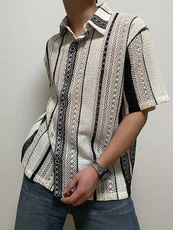 

Summer Island Vacation Hollow Stripe Short Sleeve Shirt Men Thin Transparent High Sense Top Outer Cardigan Shirt Loose Fit Po...