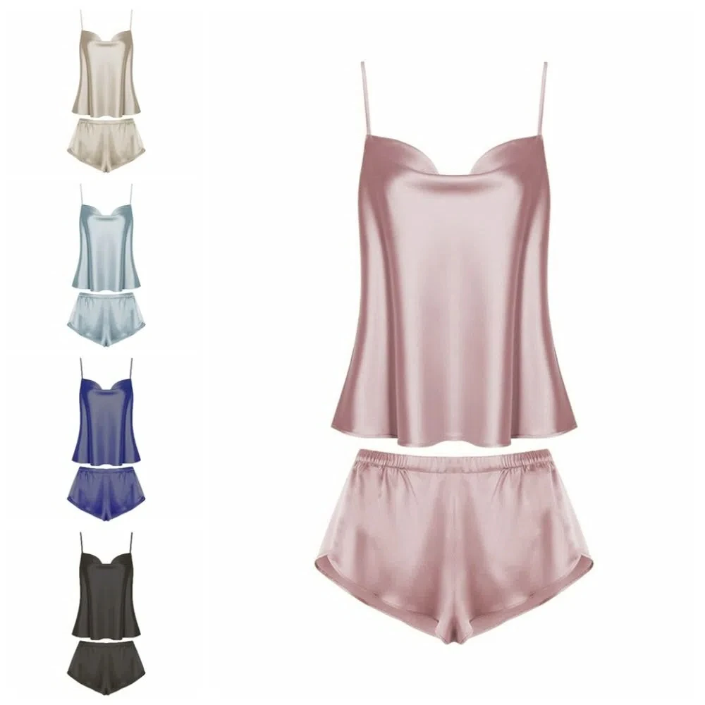 Sweet Sleeveless Sling Satin Silk Pajamas V-neck Loose Two Piece Nightwear Ice Silk Home Clothes Camisole Shorts Nightdress Girl