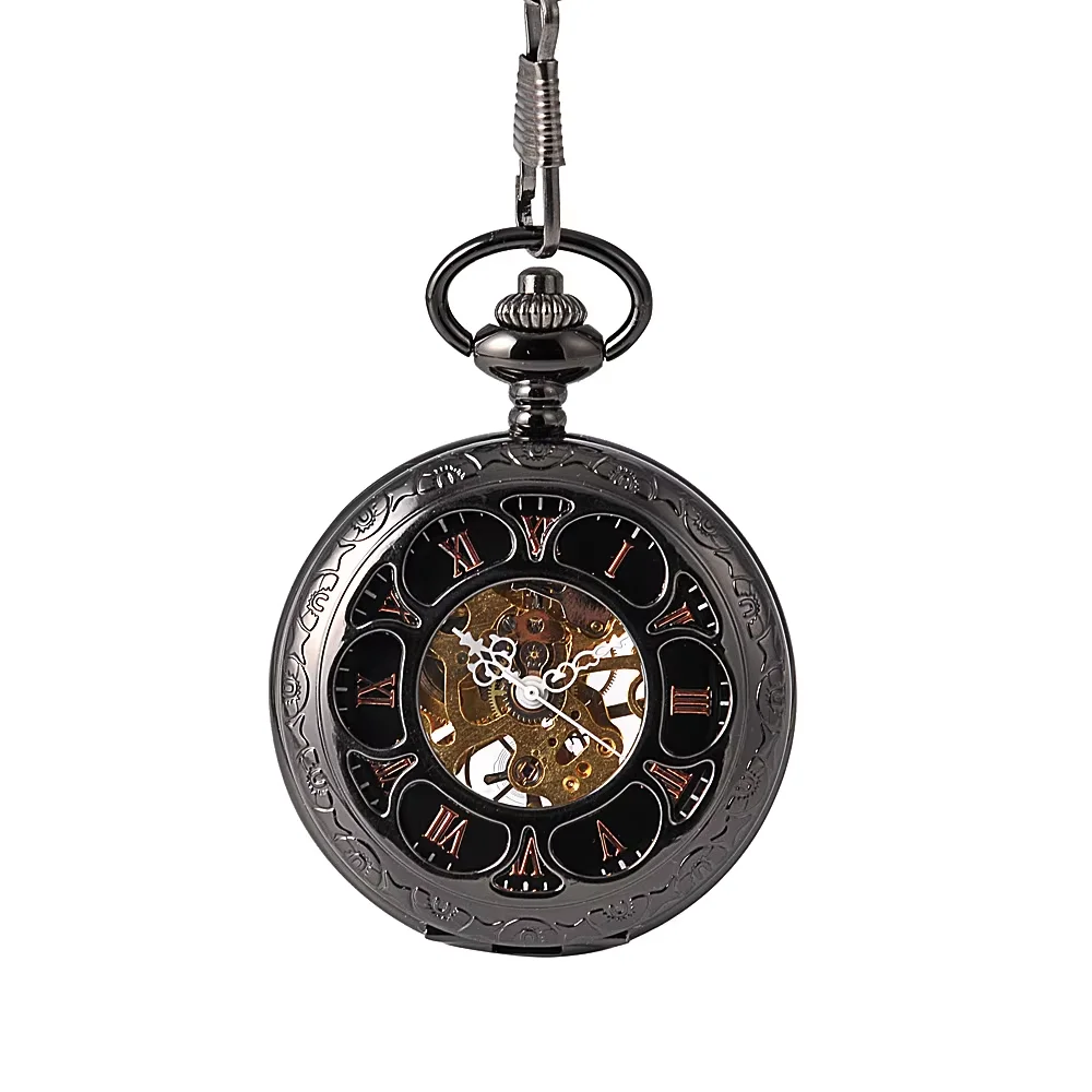 8940ファッションレトロ大型懐中時計黒い花びらゴールド表面機械式懐中時計ウエストチェーン付き