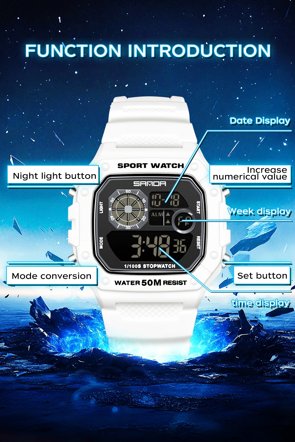 SANDA 2202 reloj electrónico con brillo nocturno resistente al agua, reloj deportivo ligero cuadrado clásico de moda electrónico Rel ó gio mulher