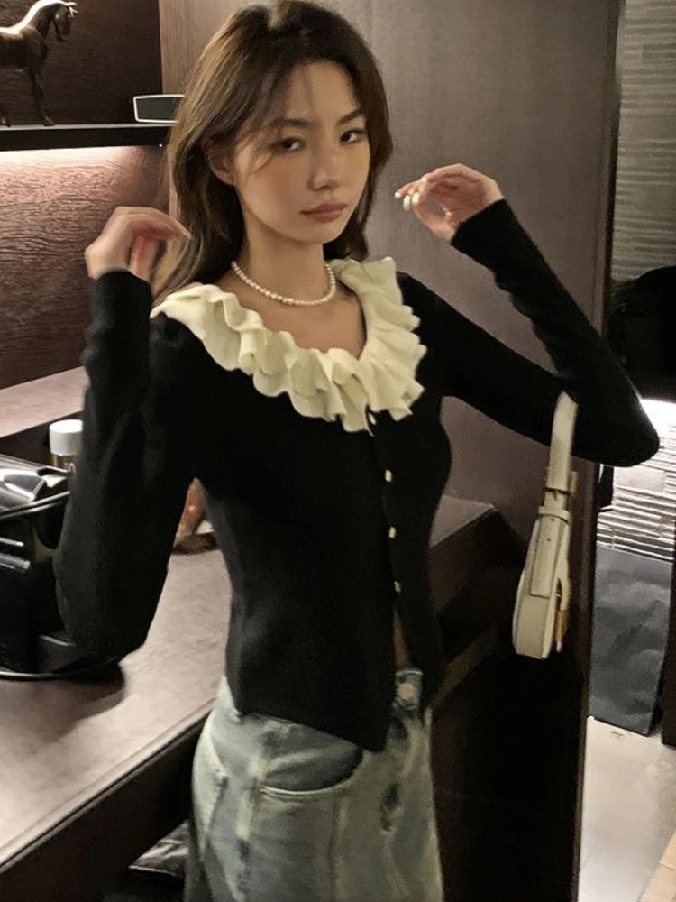 Cardigan Women Retro Design Ruffles Slim Sexy Sweet Elegant All-match Korean Style Sweater Fashion Casual Cropped Autumn Ladies