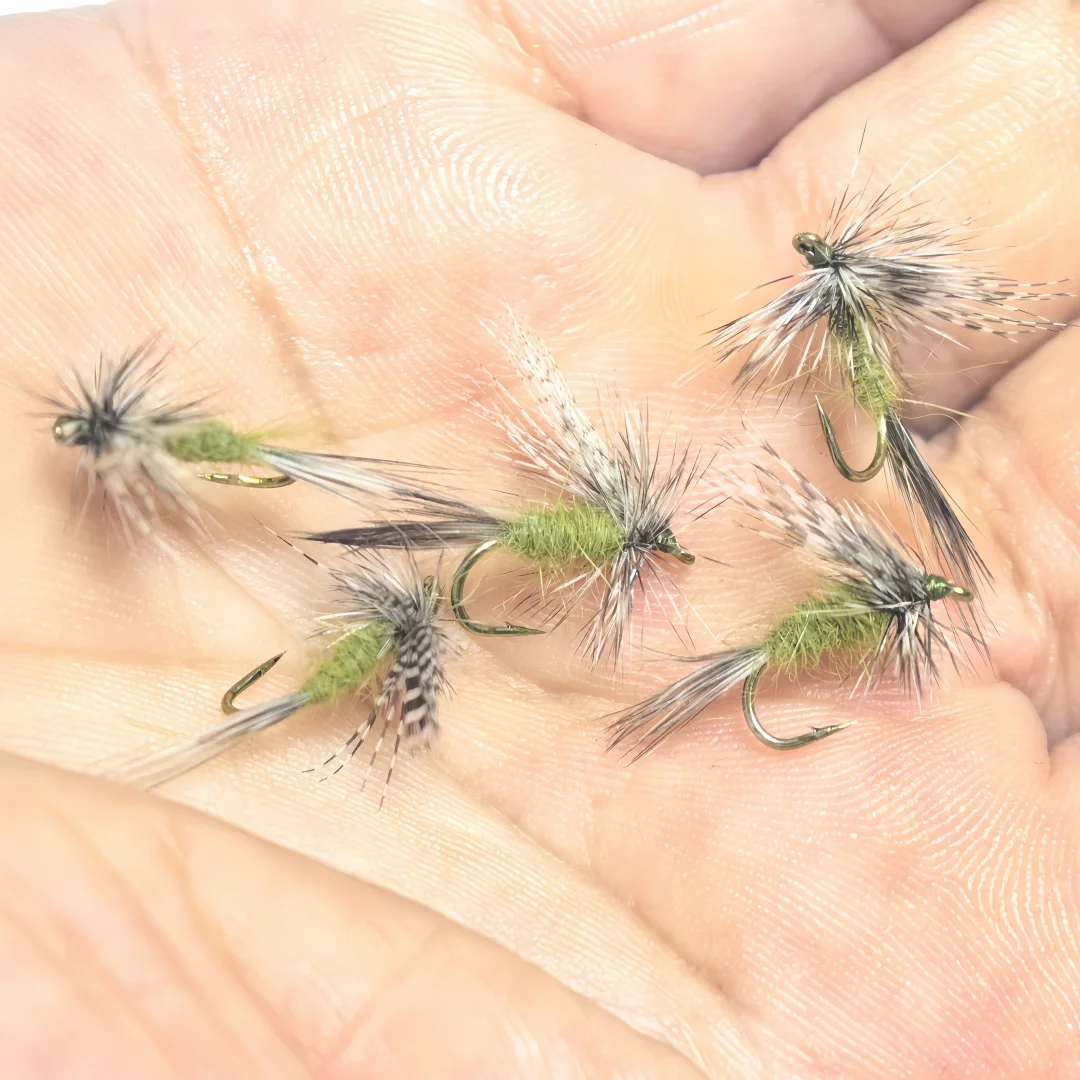 5/8 Stück Adams Trockenfliegen zum Fliegenfischen, Größe 14, Künstlicher Insektenköder, Weiß & Olivgrün, Beste Fliegen für Forellenfischen im Süßwasser – Detail 5