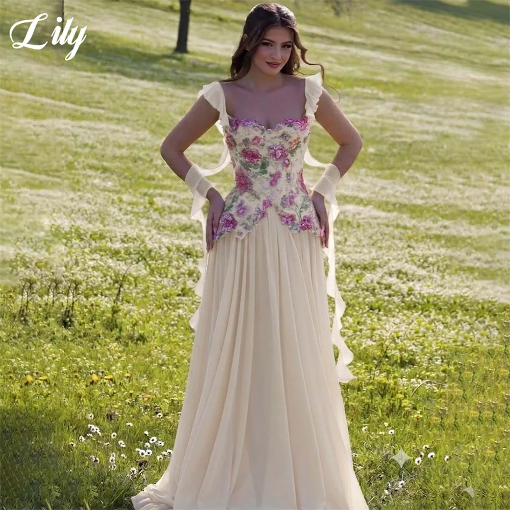 Lily Light Yellow Prom Dress with Floral Sequin Bodice Formal Dresses A Line Pleated Chiffon Evening Dress for Women Customized