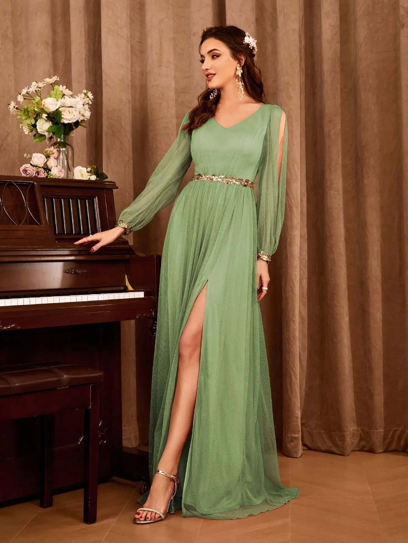 Mgiacy V-neck gauze applique slit elegant Evening gown Ball dress Party dress Bridesmaid dress