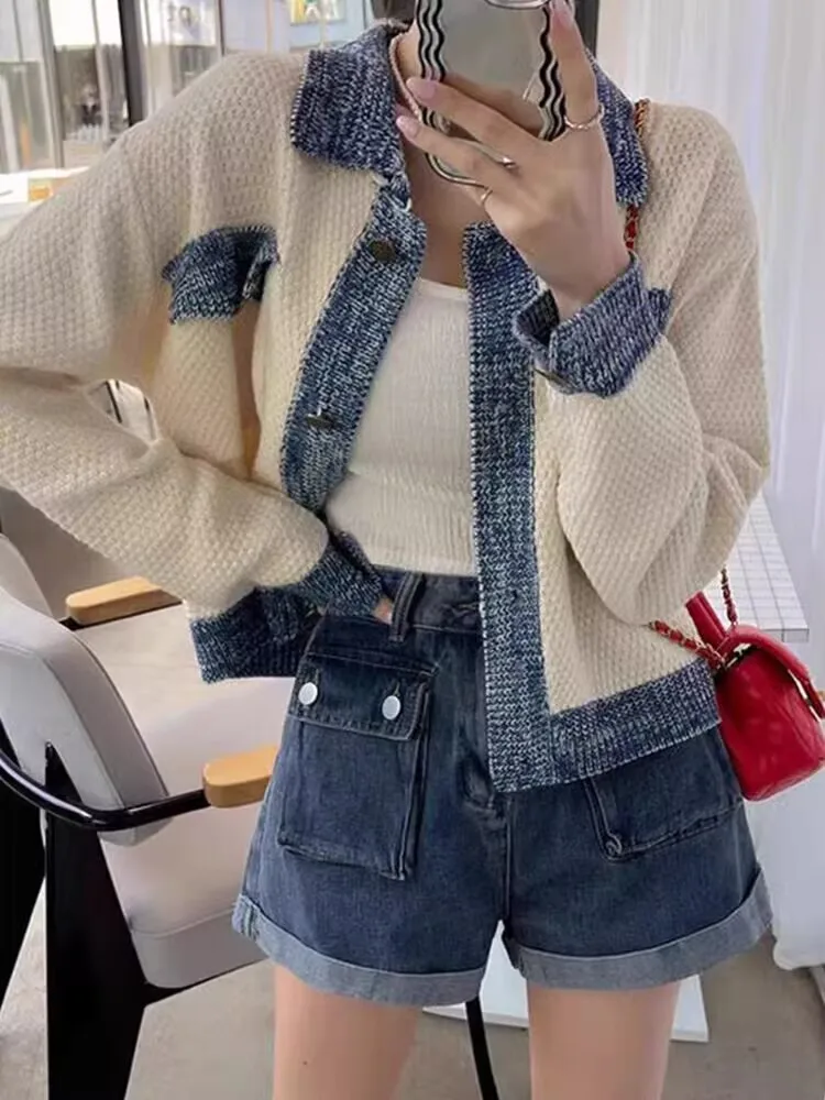 Style coréen offre spéciale Chic couleur bloc tricot ouvert Cardigan à la mode jeune parfum Style printemps automne vêtements d'extérieur col Polo