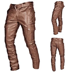 Plus Size 5XL Retro Men PU Leather Pants Street Wear Autumn Punk Style Multi Pocket Casual Pants Fashion Waterproof LeatherPants