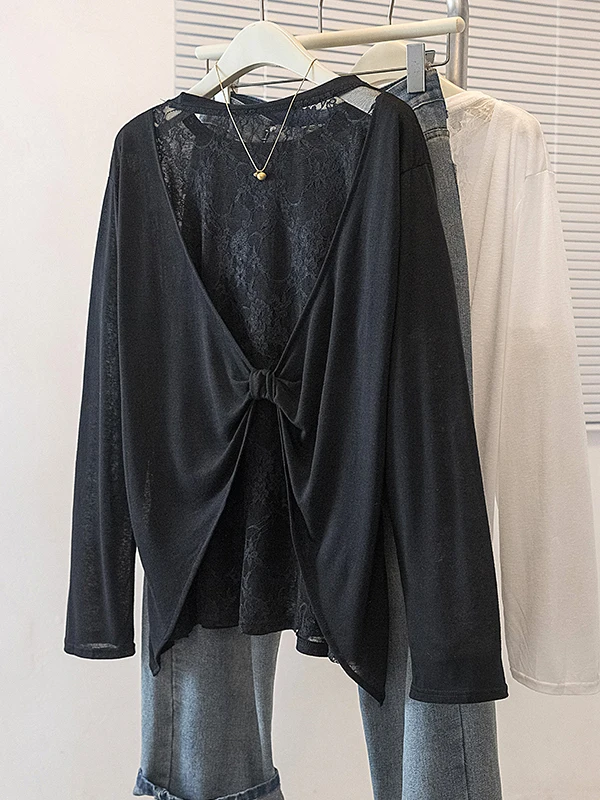 Long Sleeve Lace Hollow out T-Shirt Women's Summer Sun Protection Shirt Thin Air Conditioning Cover up plus Size Backless Top