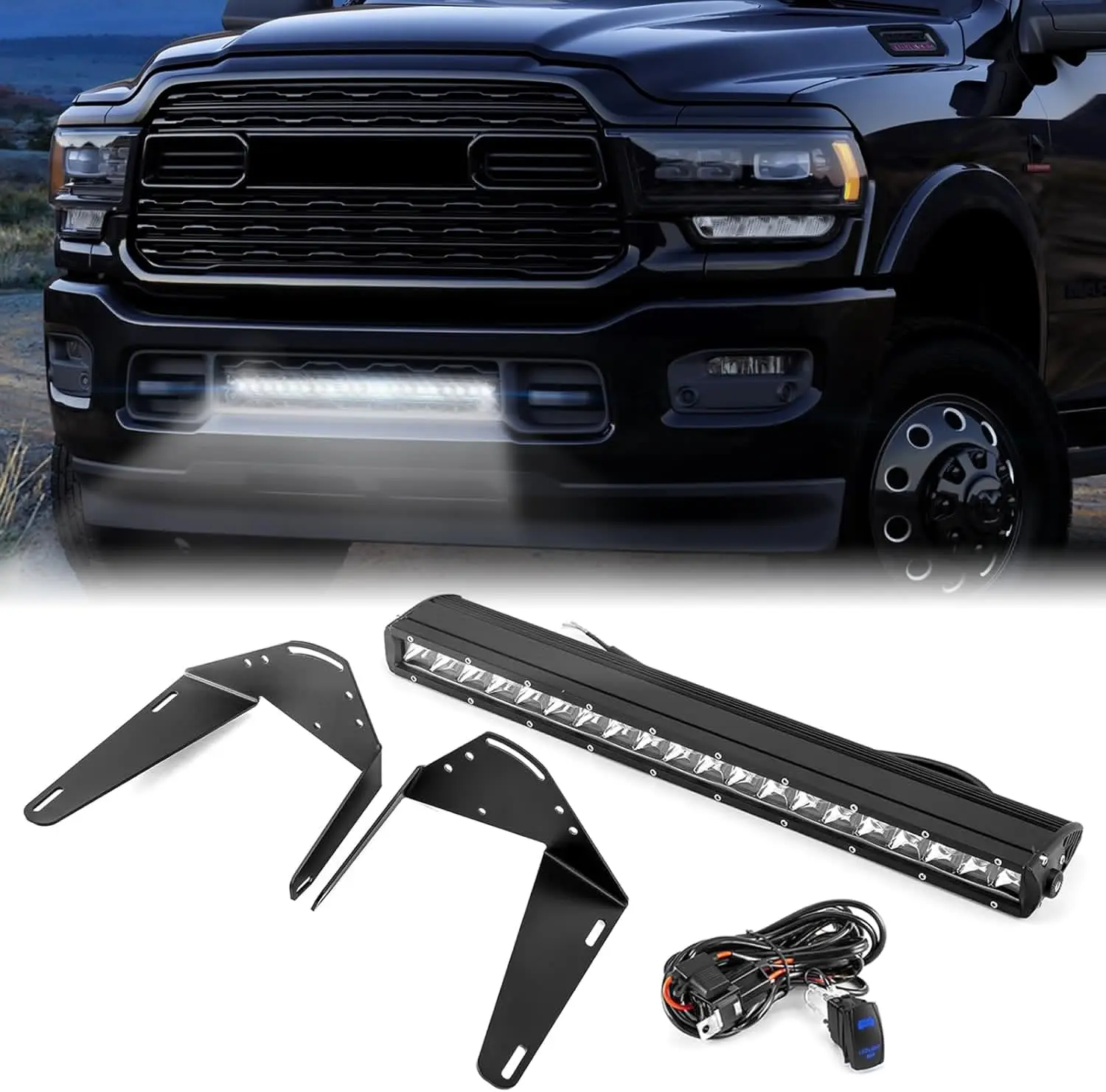 Straight LED Light Bar & Mounting Brackets, Front Hidden Bumper Light Bar Mount Wiring Kit Compatible with Dodge Ram 2500 2019-2