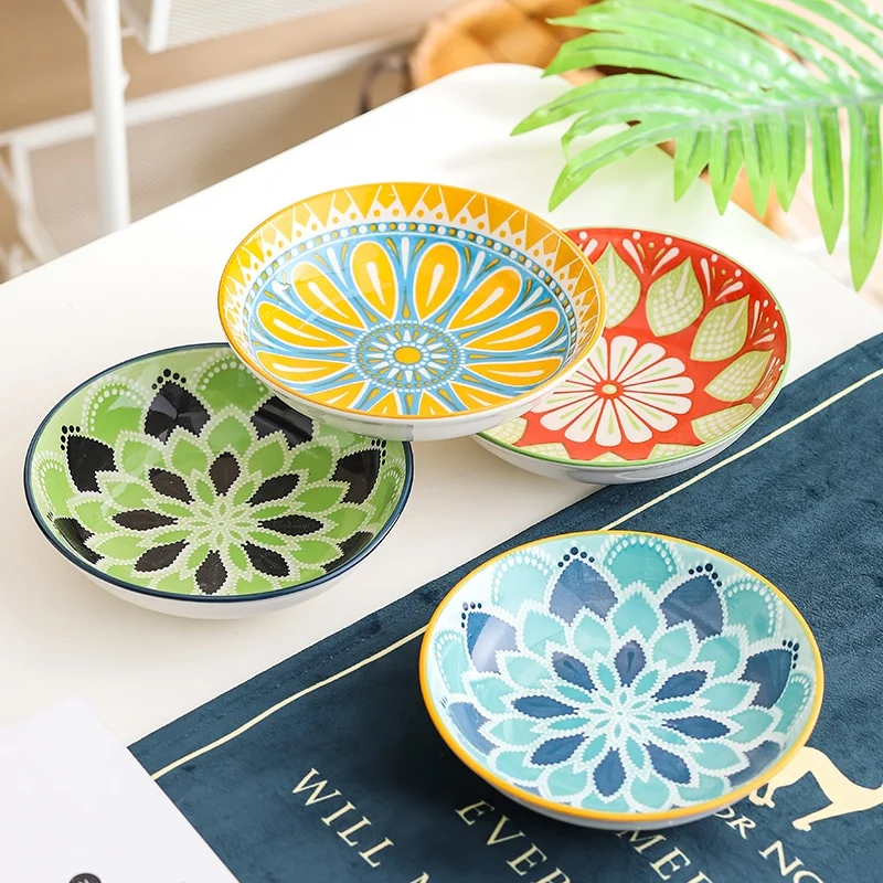 

4pc Bohemian Ceramic Plate - Side Dish, Appetizer, Sauce, Bread, Pastry & Breakfast Plates, Safe for Dishwasher& Microwave