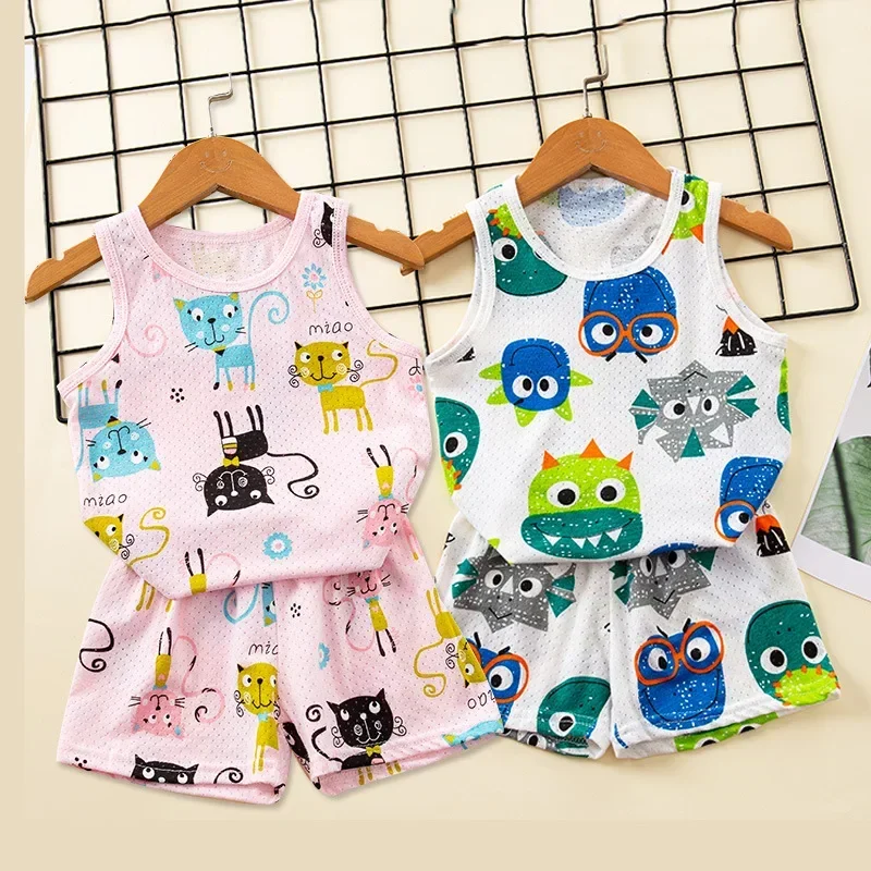 Boys Girls Pajamas New Summer Sleeveless Children\'s Clothing Sleepwear Cotton Pyjamas Sets For Kids 2 4 5 6 8 Years