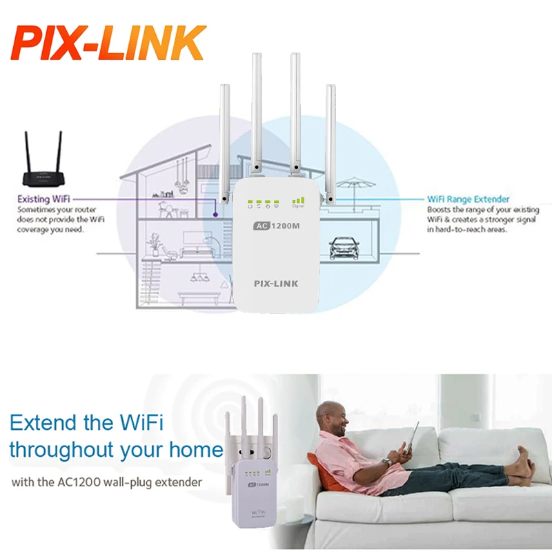 

PIX-LINK 1200Mbps Wireless WiFi Repeater Wifi Signal Booster Dual-Band 2.4G 5G WiFi Extender Gigabit WiFi Amplifier WPS AC05
