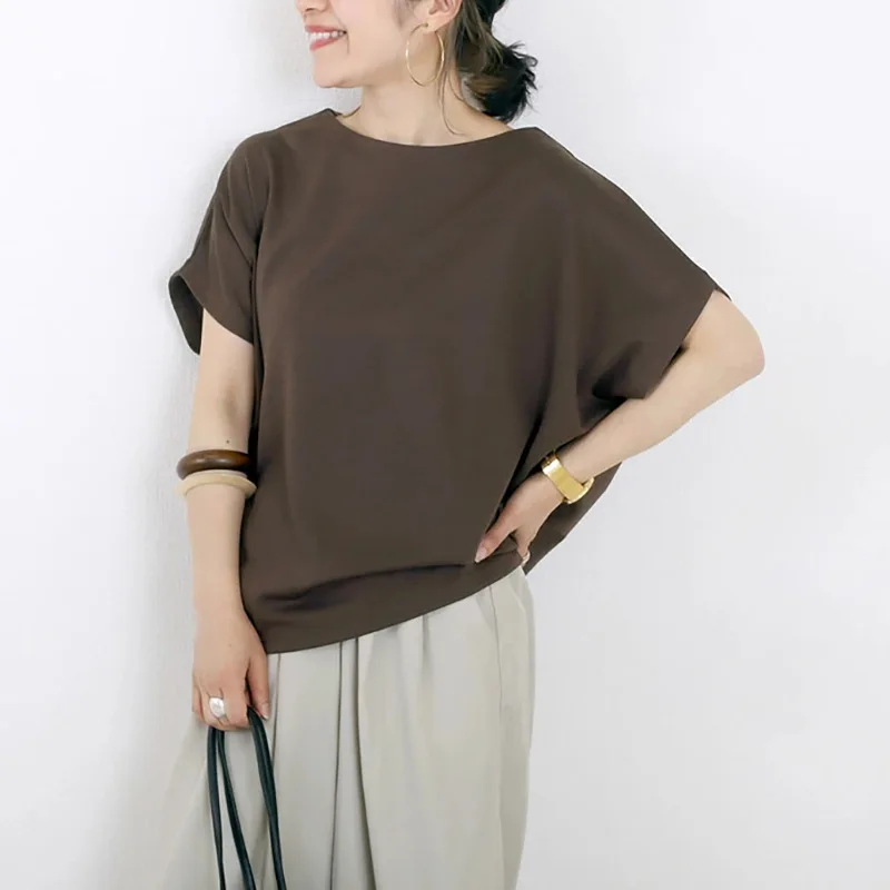 تي شيرت صيفي جديد بأكمام قصيرة للنساء، أكمام خفاش فضفاضة، رقبة دائرية، بلوزة كاجوال من القطن بلون سادة، التجارة الخارجية #4