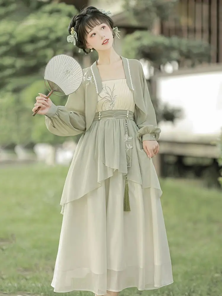 Hanfu tradisional Cina Set gaun 2023 peri musim semi musim gugur Retro ditingkatkan lengan panjang gaun gadis peri Set