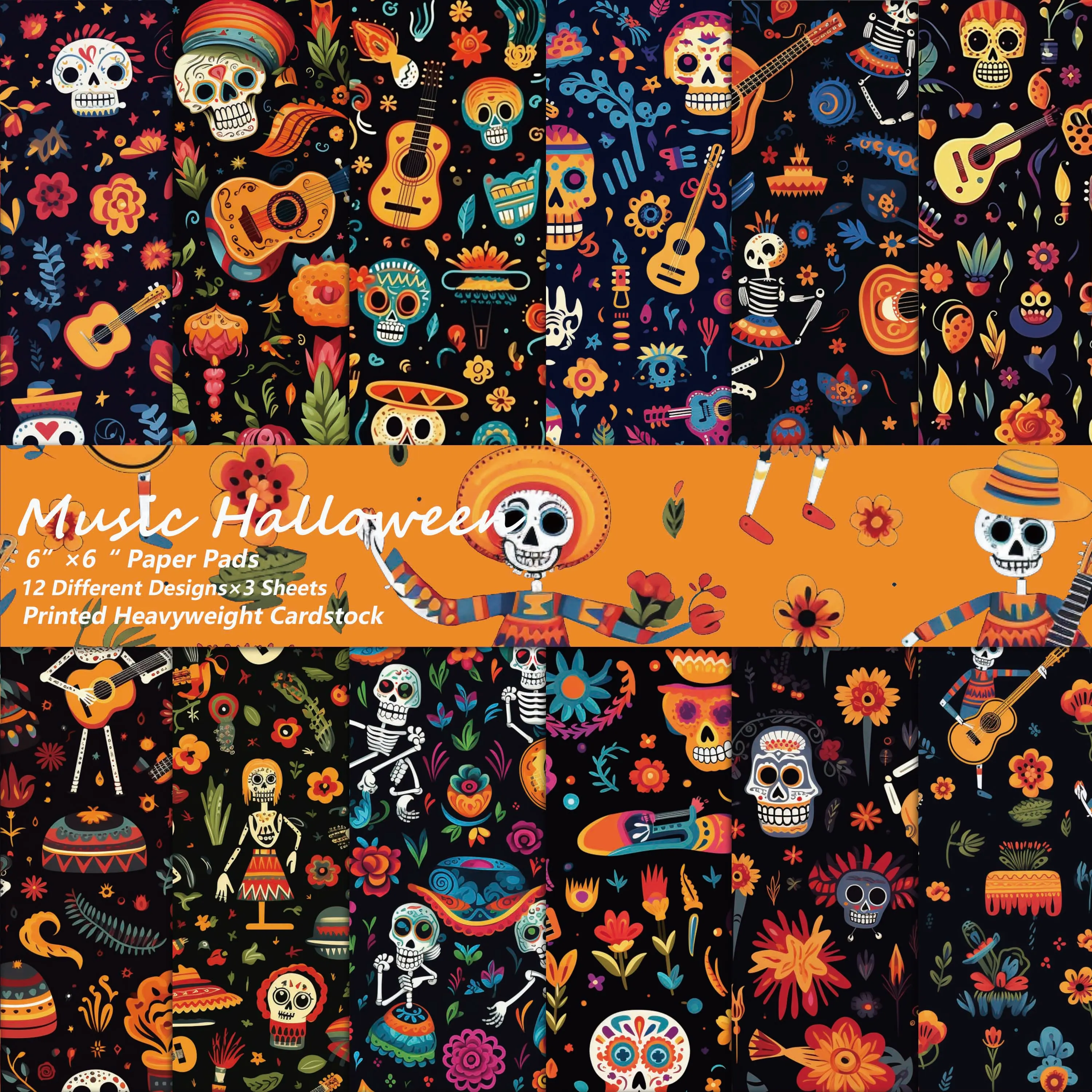 36sheets Mexican Skull Music Halloween Scrapbook Paper Pads,Perfect for Journal Supplies,Arts Crafts,Scrapbooking Supplies