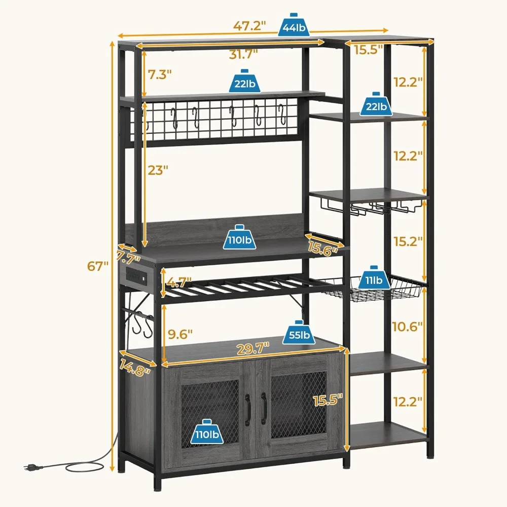 Bakers Rack with Power Outlet, 47.2in Microwave Stand with Storage Shelves, Coffee Bar with Cabinet, Kitchen Pantry Hutch, Side