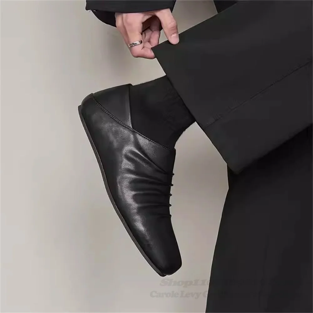 Men's Commuting Mule Shoes Sqaure Toe Pleated Trendy Lazy Couple Shoes Casual Small Leather Slip On Solid Color Shoes