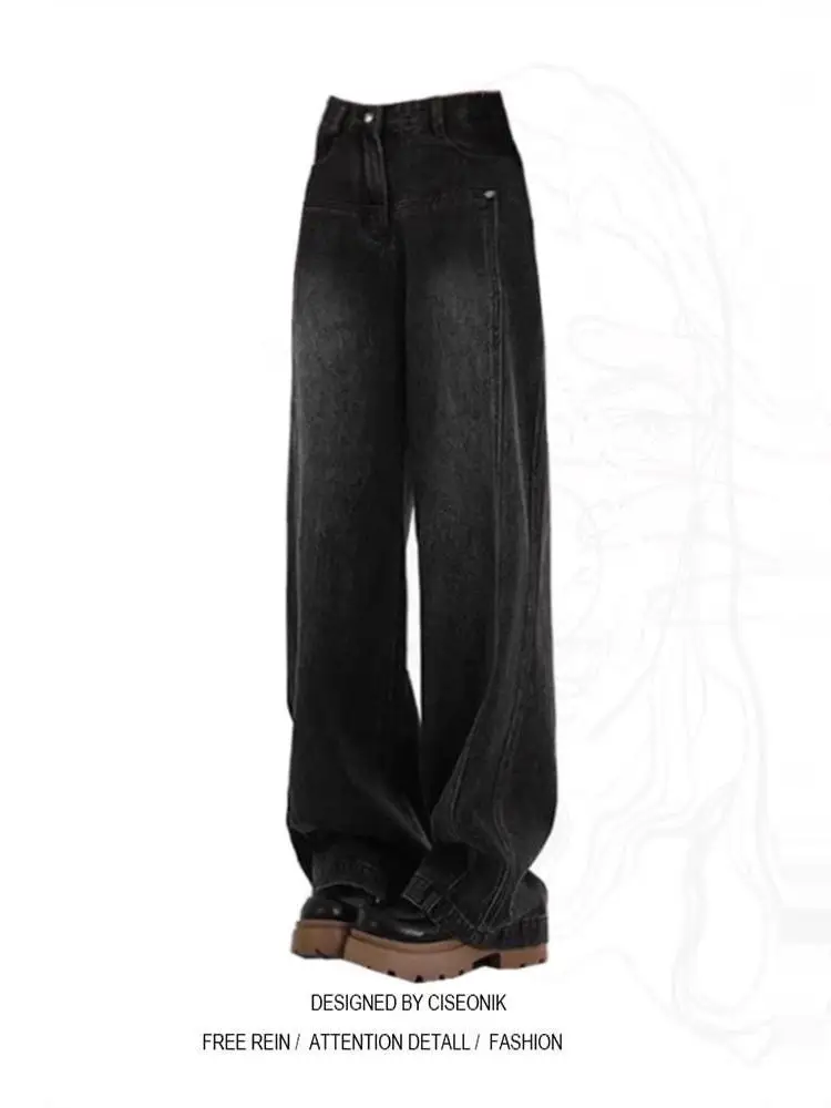 

plus Size Fleece Lined Thick Wide Leg Denim Jeans Women's High Waist Loose Slimming Floor Length Straight Leg Trousers