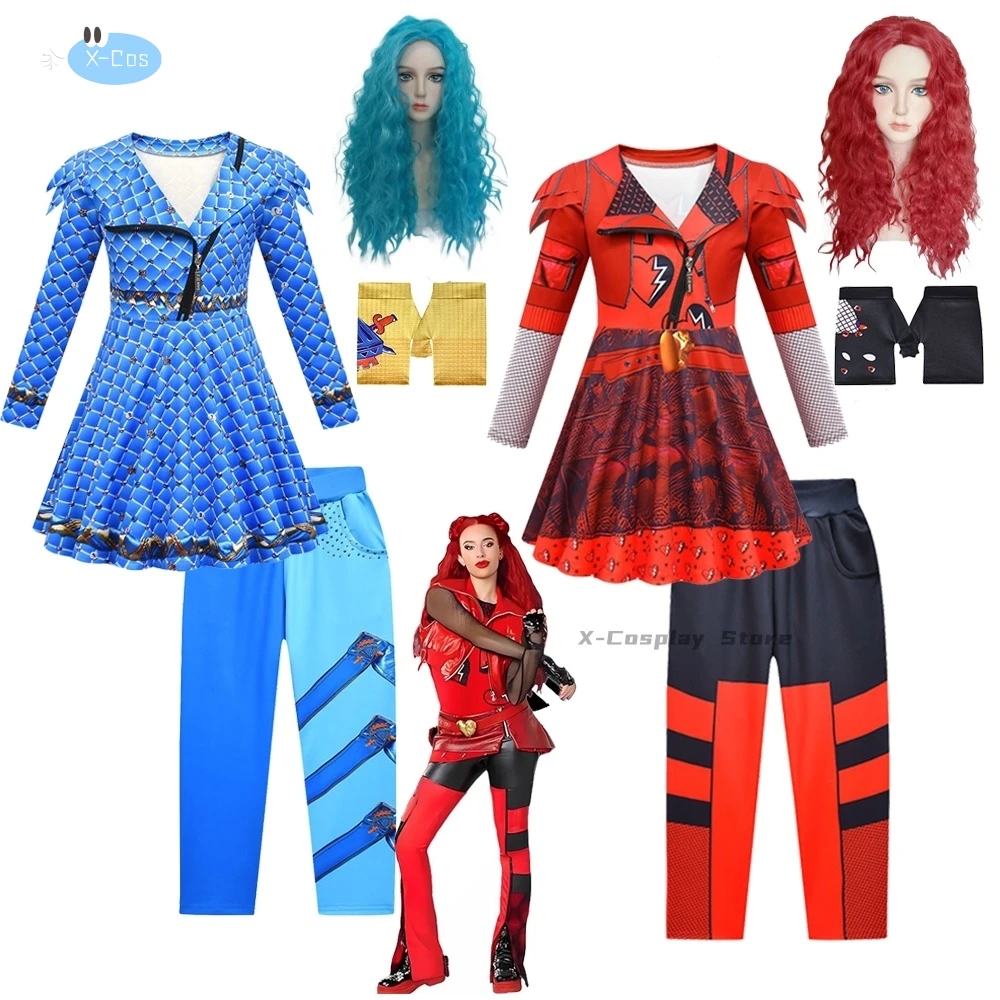 Kids D-Descendants Rise of Red Costume for Girls Red Chloe Cosplay Costume Kid Fancy Dress Pants Wig Set Halloween Girls Clothes