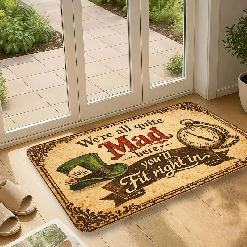 1pc, 2D Flat Printing, Vintage Mad Hatter Quote Entrance Mat, Door Mat, Colorful Non-Slip, Machine Washable Polyester Carpet,
