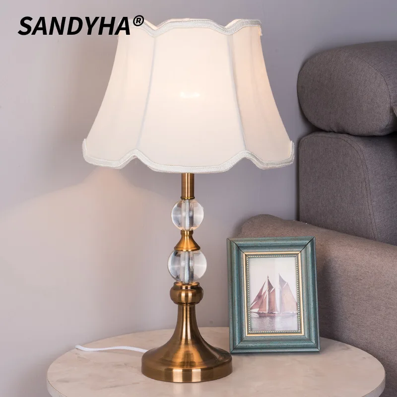 

SANDYHA American Type Crystal Table Lamp LED Floor Light for Living Room Decoration Bedroom Bedlight Fabric Lampshade Design
