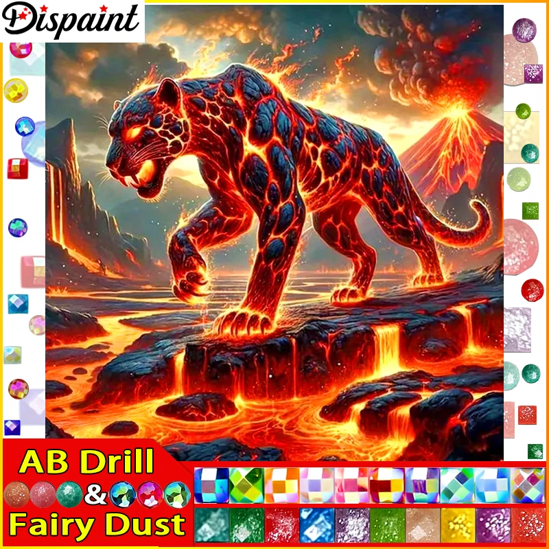 

Dispaint Fairy Dust AB 5D Diamond Embroidery Needlework Kit "Leopard Volcano" Diy Diamond Painting Cross Stitch Home Decoration