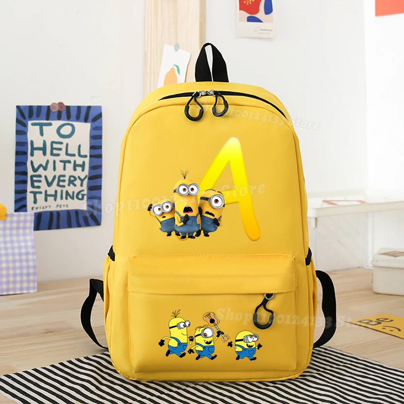 

Cute Minionss Student School Bag Letters A-Z Despicable Mes Movie Print Backpack Rucksack Book Pen Storage Knapsack Kids Kawaii
