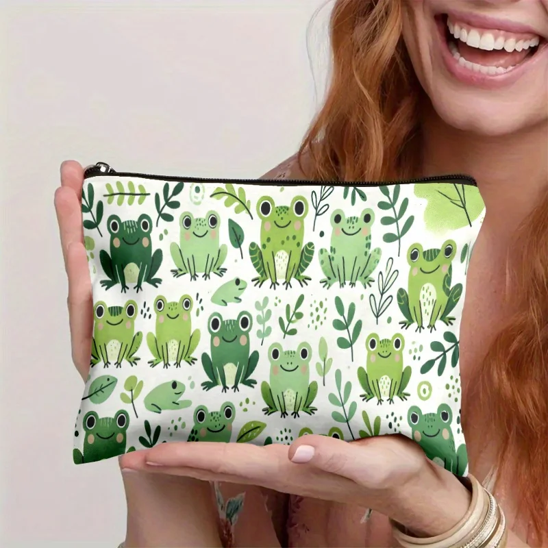Frog Cartoon Pattern Lightweight Stylish Zippered Cosmetic Bag Suitable For Travel And Daily Use Multifunctional Storage