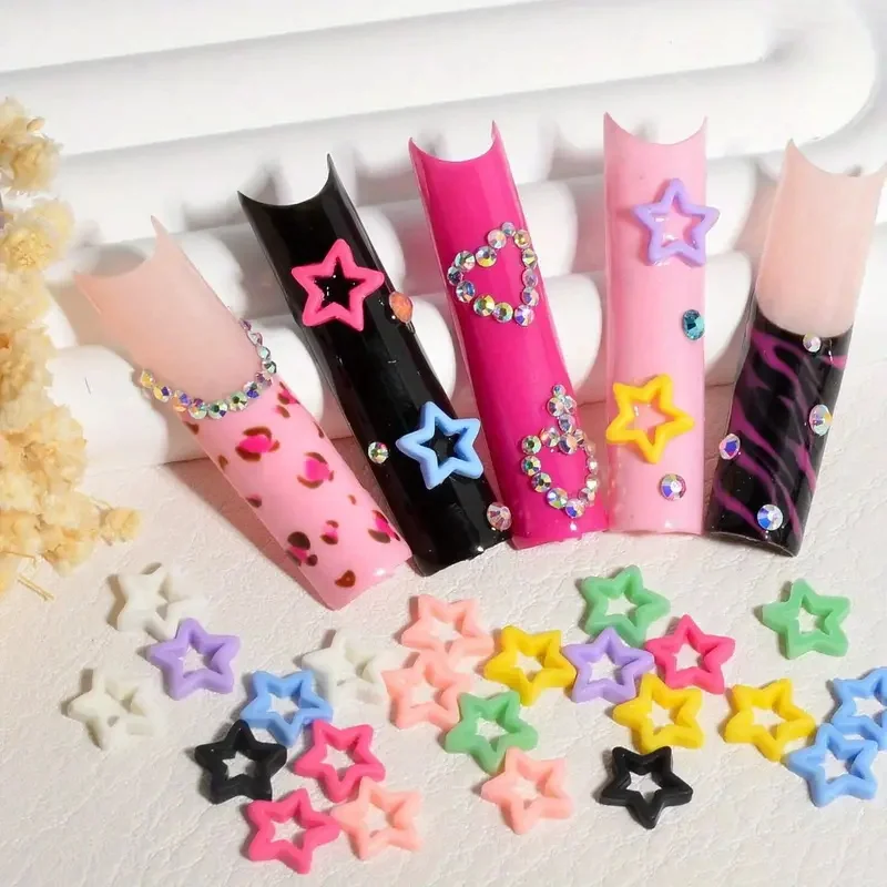 100pcs Vibrant Candy Color Resin Star & Heart Nail Charms Dopamine-Inspired Hollow Star Nail Accessory for Acrylic Manicure Tips