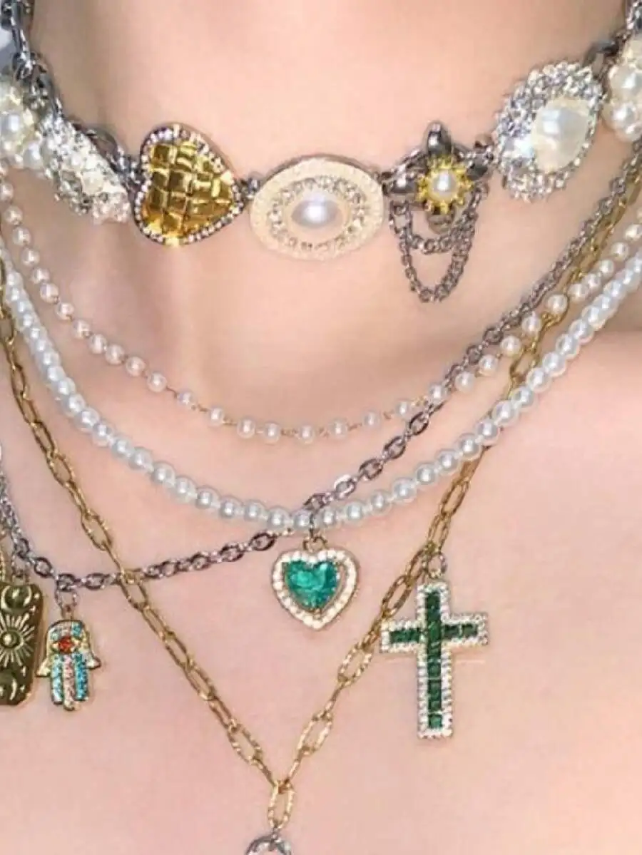 

Vintage Titanium Steel Cross Heart Pendant Multilayer Layered Necklace Set For Women