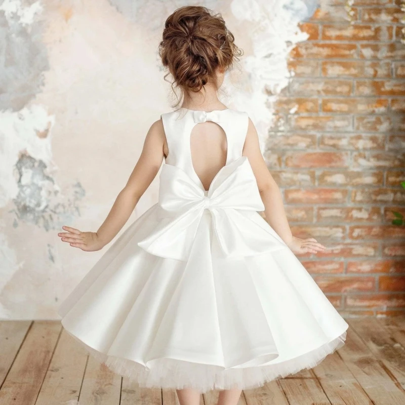 White Flower Girl Dresses Satin Solid With Big Bow Sleeveless For Wedding Birthday Party First Communion Gowns