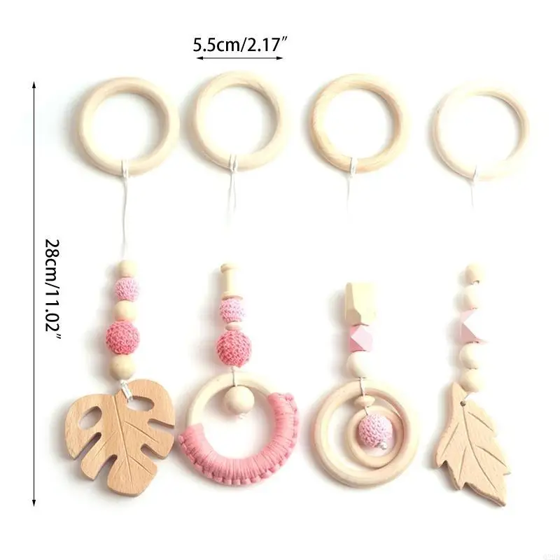 Q22D 4 Pcs Baby Gym Frame Pendants Stroller Rattle Wooden Ring Beads Teether Hanging Mobile Bed Infants Newborn Nursing