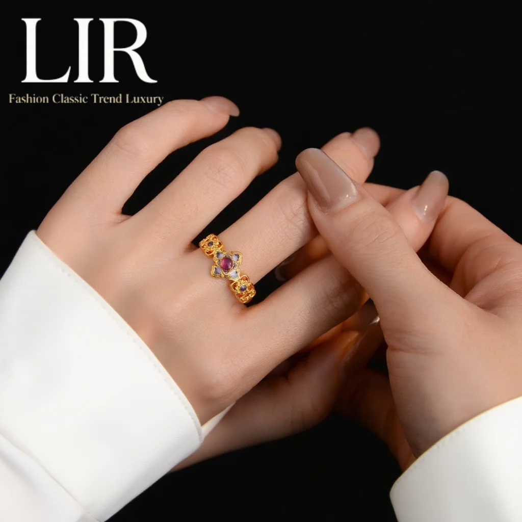 

LIR Fadeless Clover Ring: New Plating, Colorful Glass, Open Adjustable, Unique Beauty, Women's Trendy Jewelry