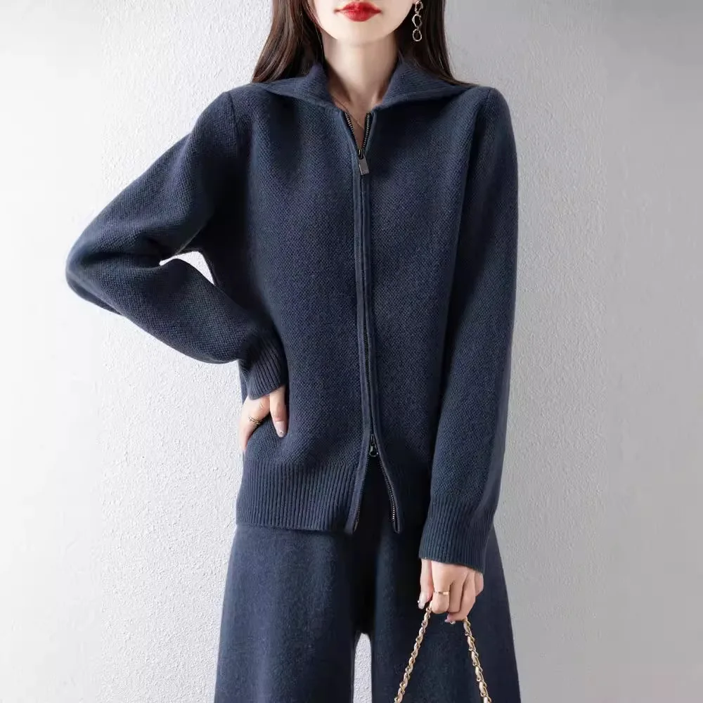 2024 Autumn/Winter New 100% Pure Wool Knitted Zipper cardigan Mafengwo Women's Four Flat Thick Sweater