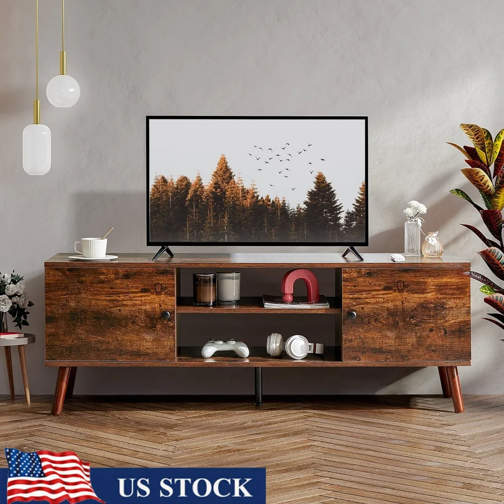 

Mid-Century Modern Wooden TV Stand 55-60 Inch TVs with 2 Storage Cabinets Adjustable Shelf Cable Management Easy Assembly