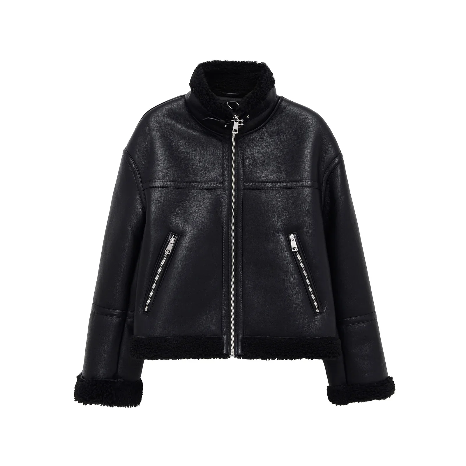 

2025 Autumn New Women Casual Fashion Versatile Stand Collar Double-Sided Fleece Warm Jacket Female Leather Coat
