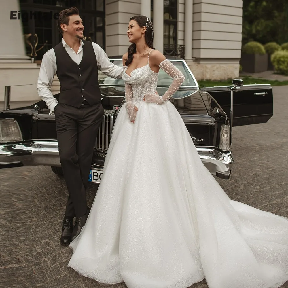 

Eightale Arabic Wedding Dress Spaghetti Strap Pearls Customized Ivory Tulle Bridal Gown A-Line Bride Party Dress