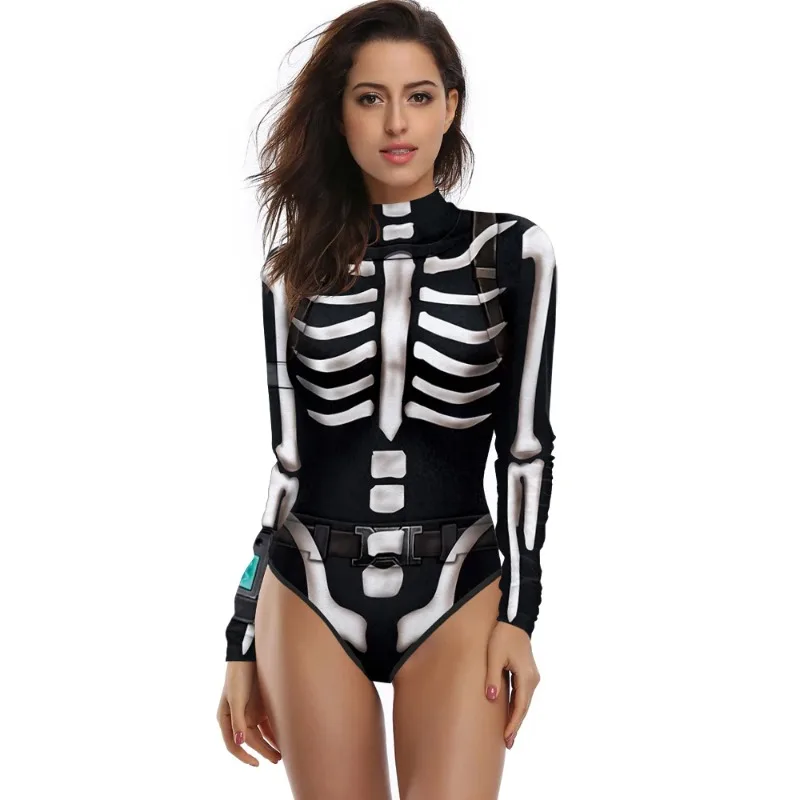 Halloween Cosplay Costume Classic Skeleton Bodysuit for Women 3D Print Zentai Rave Carnival Theme Party Beachwear Swimsuit