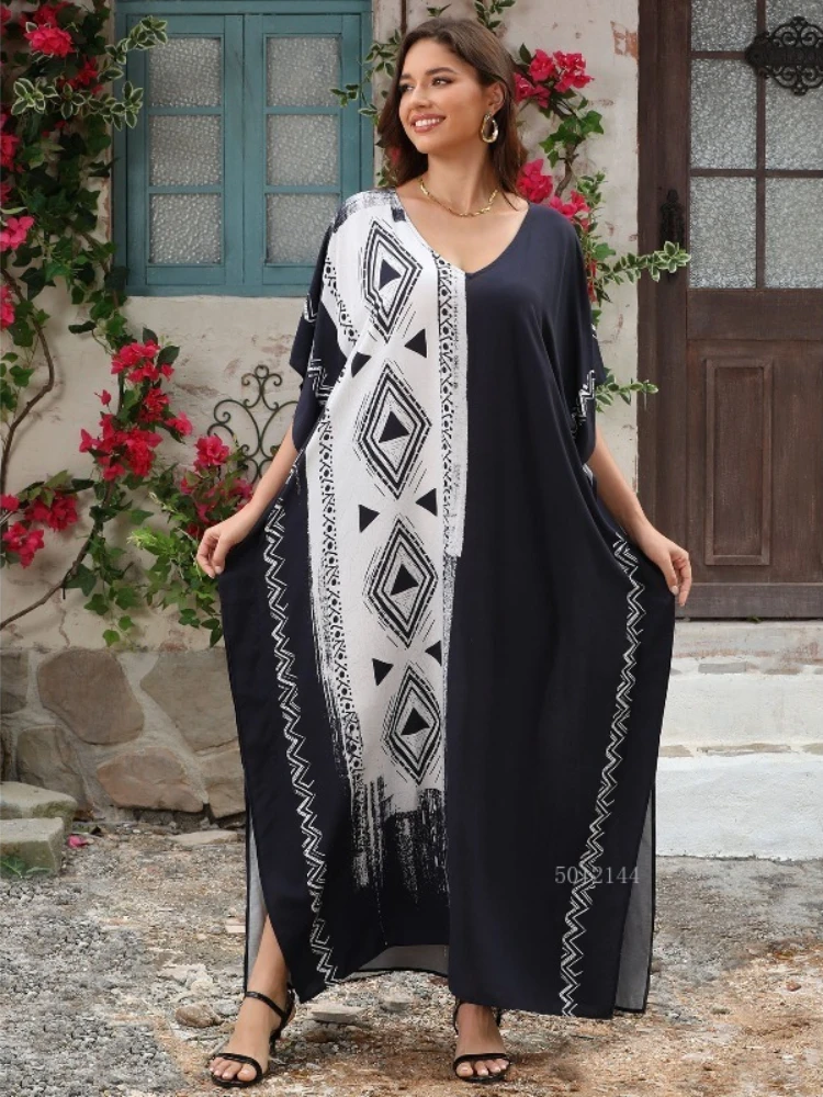 Women Geometric Printing Loose Robe Homewear Plus Size Loose Kaftan Muslim Islamic Fashion Abaya Summer Beach Cover Up Dress