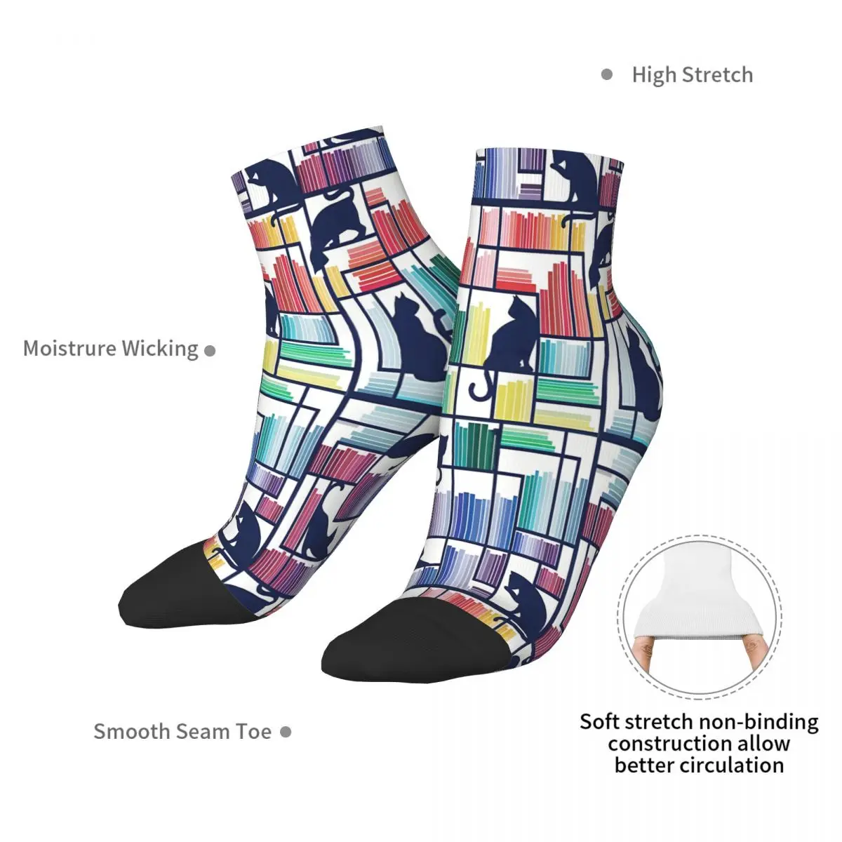 Rainbow Bookshelf White Background Navy Blue Shelf And Library Cats Ankle Socks Male Mens Women Winter Stockings Printed