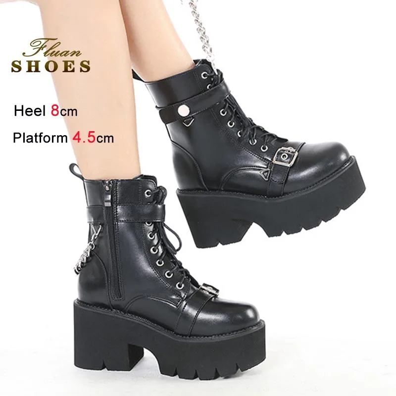 

Fashion Punk Boot Women Short Boots Leather Buckle Metallic Chain Decoration Lace Up Ankle Boots High Heeled Lady Platform Shoes