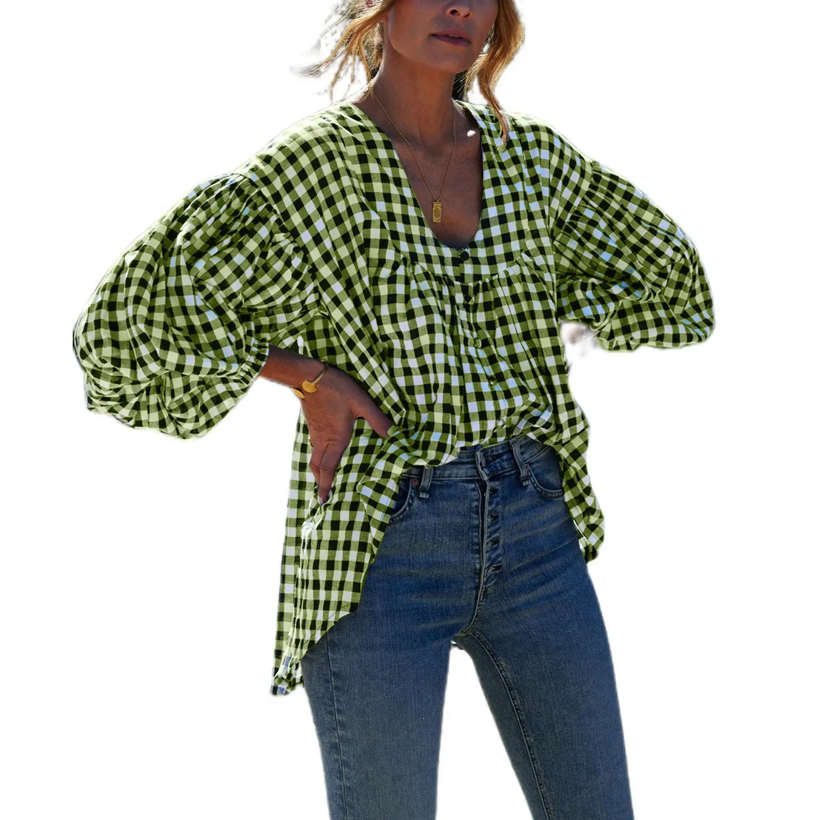 เสื้อผ้าผู้หญิง คอจีบ ลายสก็อต แขนยาวทรงบับเบิ้ล ผ้าโพลีเอสเตอร์ สวมใส่สบาย สไตล์ลำลอง