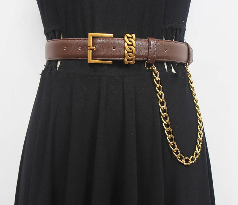 Women's Runway Fashion PU Leather Chain Cummerbunds Female Dress Corsets Waistband Belts Decoration Wide Belt R469