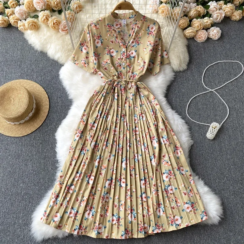 Robe longue à bandes pour femmes, col en v, manches courtes, Slim, Chic, douce, florale, ourlet plissé, robe de vacances, nouvelle collection été 2026