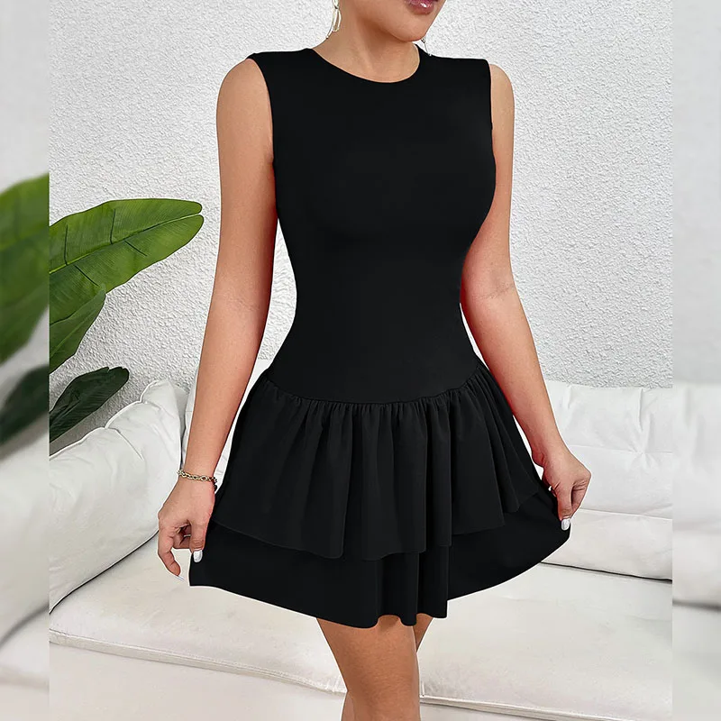 ฤดูร้อนแขนกุดผู้หญิงชุดอเนกประสงค์รอบคอ Ruffled Hem ชุดมินิสบายๆ SLIM FIT PARTY A Line Vestidos