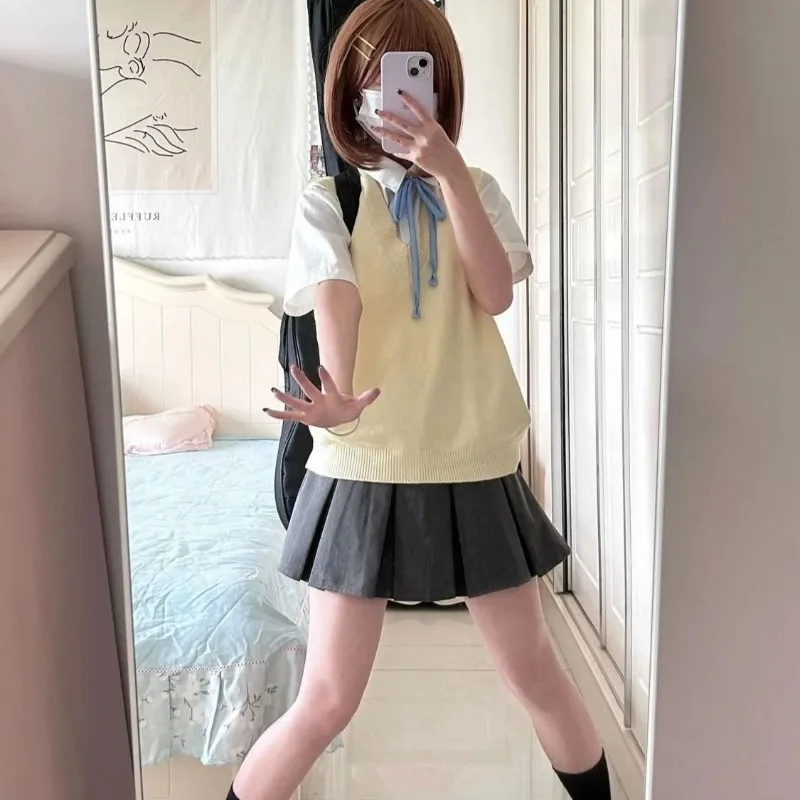 Anime Hirasawa Yui Cosplay Kostüm Schuluniform JK Weißes Hemd Gelbe Weste Schwarzer Rock Krawatte Komplettset für Frauen Themenparty