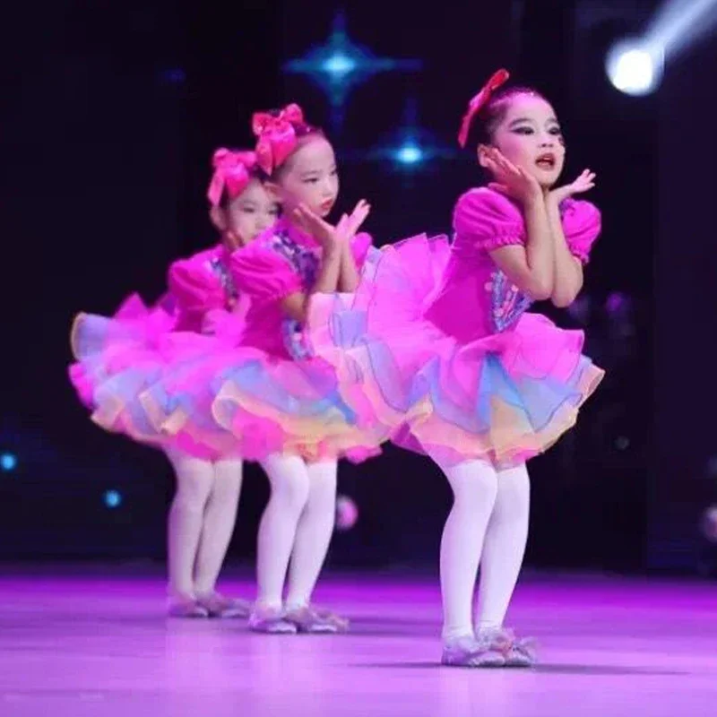 Vestido de tutú de baile moderno con lentejuelas para niñas, traje de baile de Jazz, ropa de escenario, vestidos de princesa de boda, ropa de salón rosa para niños